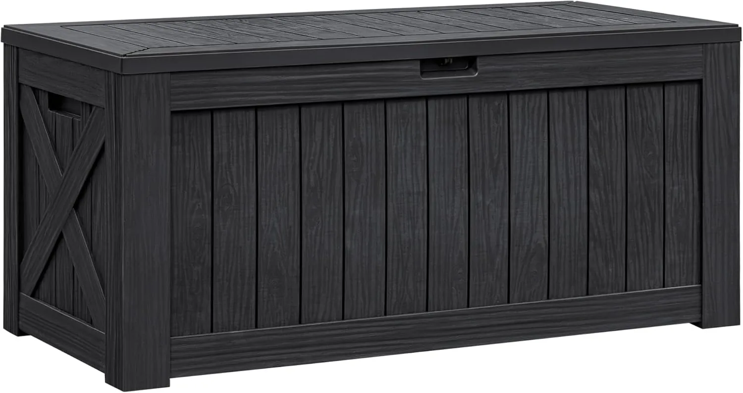 Flamaker Resin Deck Box 120 Gallon Waterproof Large Deck Boxes Plus Outdoor Indoor Storage Box Imitation Wood Resin for Patio Furniture Garden Tools and Pool (Black)
