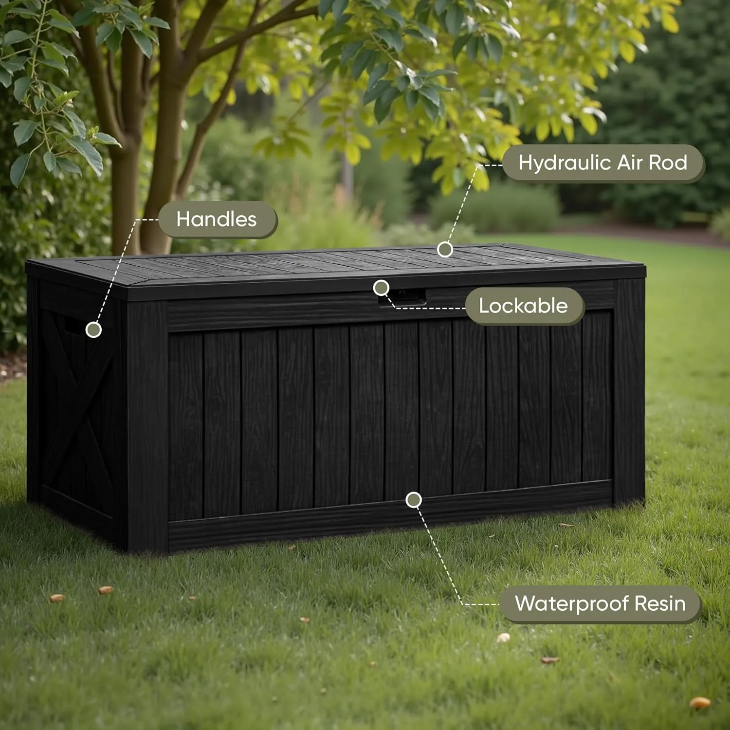 Flamaker Resin Deck Box 120 Gallon Waterproof Large Deck Boxes Plus Outdoor Indoor Storage Box Imitation Wood Resin for Patio Furniture Garden Tools and Pool (Black)