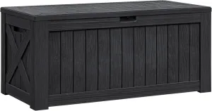 Flamaker Resin Deck Box 120 Gallon Waterproof Large Deck Boxes Plus Outdoor Indoor Storage Box Imitation Wood Resin for Patio Furniture Garden Tools and Pool (Black)