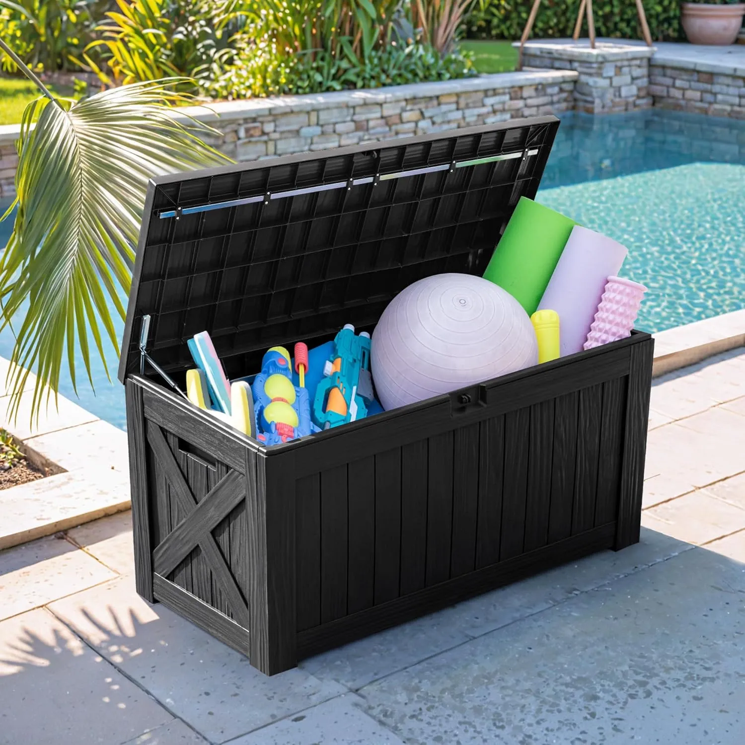 Flamaker Resin Deck Box 120 Gallon Waterproof Large Deck Boxes Plus Outdoor Indoor Storage Box Imitation Wood Resin for Patio Furniture Garden Tools and Pool (Black)