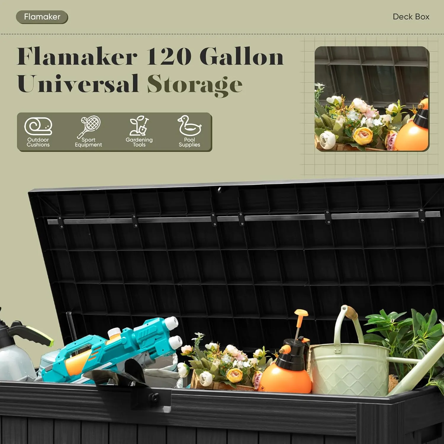 Flamaker Resin Deck Box 120 Gallon Waterproof Large Deck Boxes Plus Outdoor Indoor Storage Box Imitation Wood Resin for Patio Furniture Garden Tools and Pool (Black)