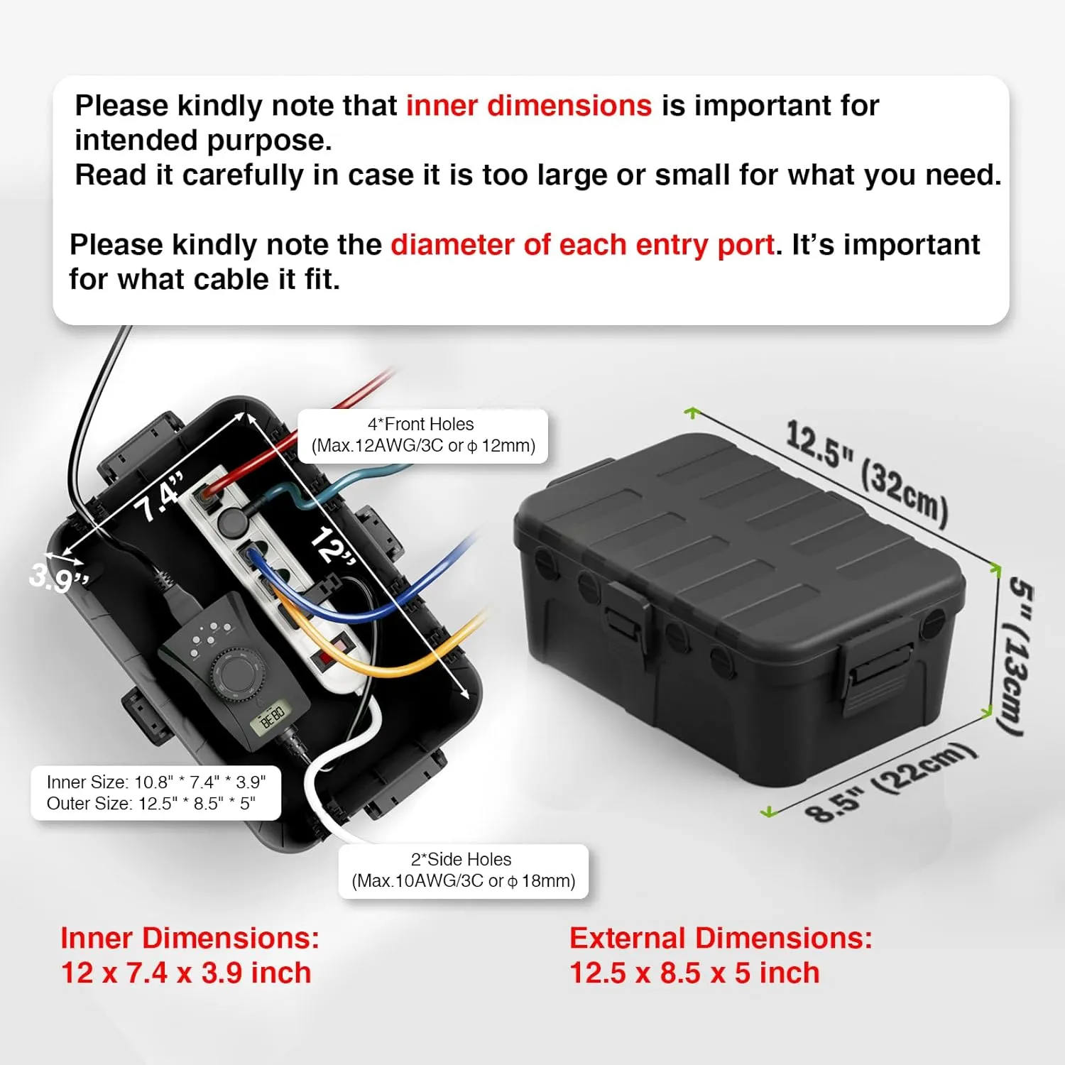 Flemoon Large Outdoor Electrical Box Waterproof (12.5” x 8.5” x 5”), Bundle w/1 Small Weatherproof Electrical Connection Box (8.1” x 4.9” x 3.1”) for Power Strip, Outlet, Holiday String Light, Black