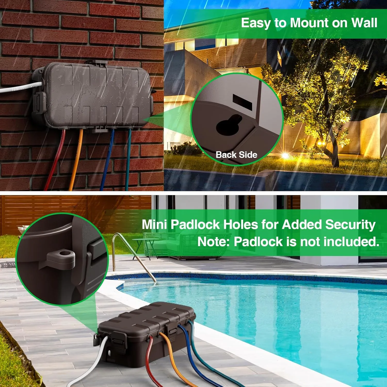Flemoon Medium Outdoor Electrical Box (11.5x5.2x4 inch), IP54 Waterproof Extension Cord Cover w/6 Cable Entry Ports, Weatherproof Connection Box for Power Strip, Timer, Plug, Holiday Lights, Brown