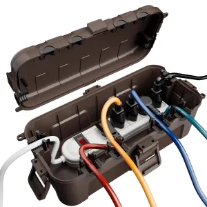 Flemoon Medium Outdoor Electrical Box (11.5x5.2x4 inch), IP54 Waterproof Extension Cord Cover w/6 Cable Entry Ports, Weatherproof Connection Box for Power Strip, Timer, Plug, Holiday Lights, Brown