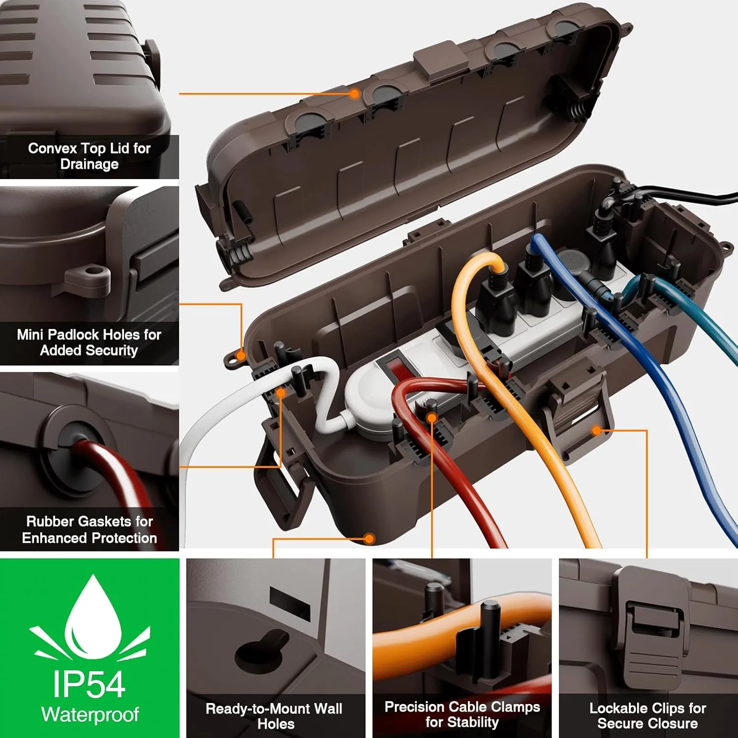 Flemoon Medium Outdoor Electrical Box (11.5x5.2x4 inch), IP54 Waterproof Extension Cord Cover w/6 Cable Entry Ports, Weatherproof Connection Box for Power Strip, Timer, Plug, Holiday Lights, Brown