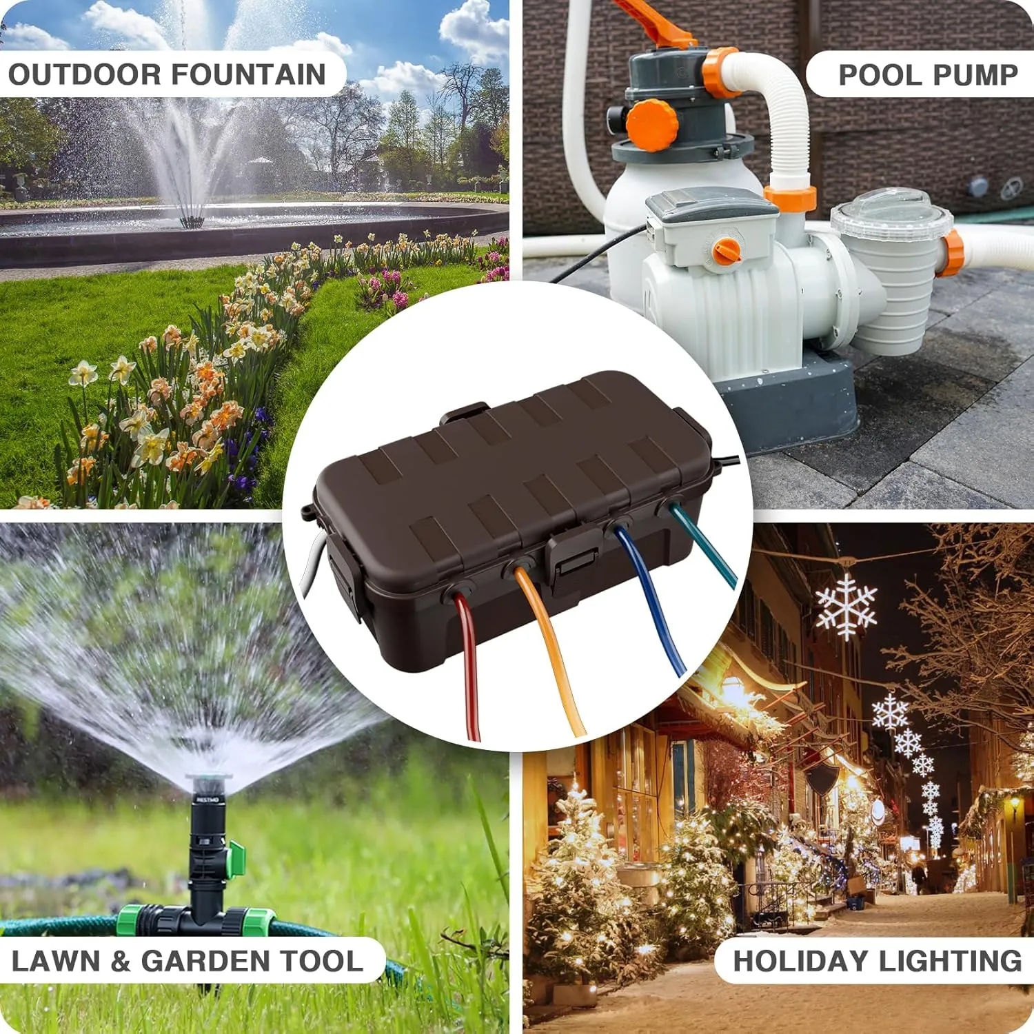 Flemoon Medium Outdoor Electrical Box (11.5x5.2x4 inch), IP54 Waterproof Extension Cord Cover w/6 Cable Entry Ports, Weatherproof Connection Box for Power Strip, Timer, Plug, Holiday Lights, Brown