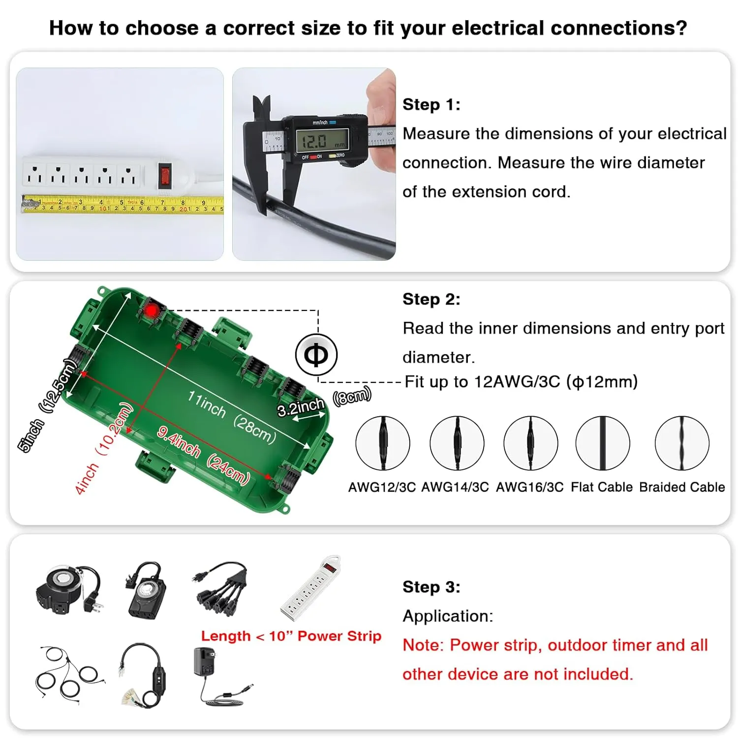Flemoon Medium Outdoor Electrical Box (11.5x5.2x4 inch), IP54 Waterproof Extension Cord Cover w/6 Cable Entry Ports, Weatherproof Connection Box for Power Strip, Timer, Plug, Holiday Lights, Green