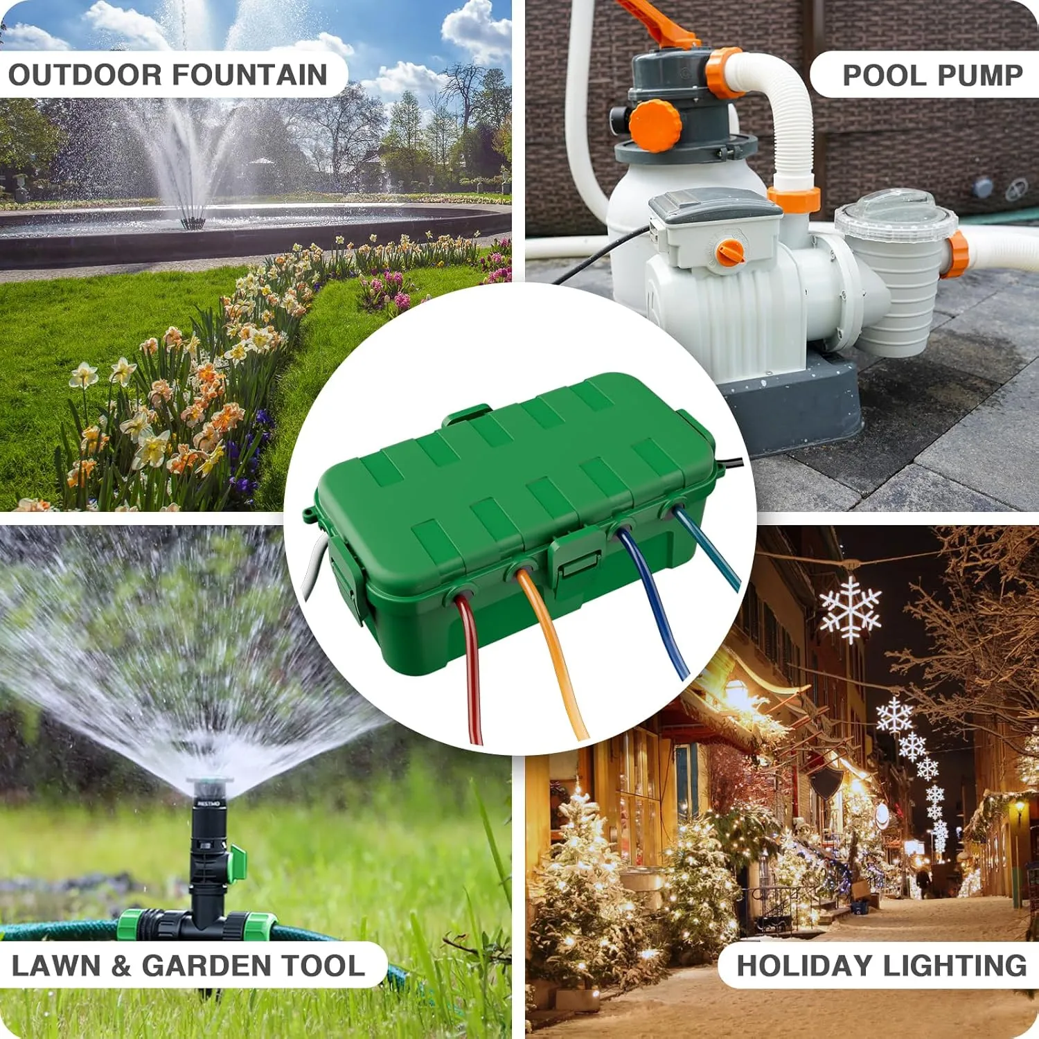 Flemoon Medium Outdoor Electrical Box (11.5x5.2x4 inch), IP54 Waterproof Extension Cord Cover w/6 Cable Entry Ports, Weatherproof Connection Box for Power Strip, Timer, Plug, Holiday Lights, Green