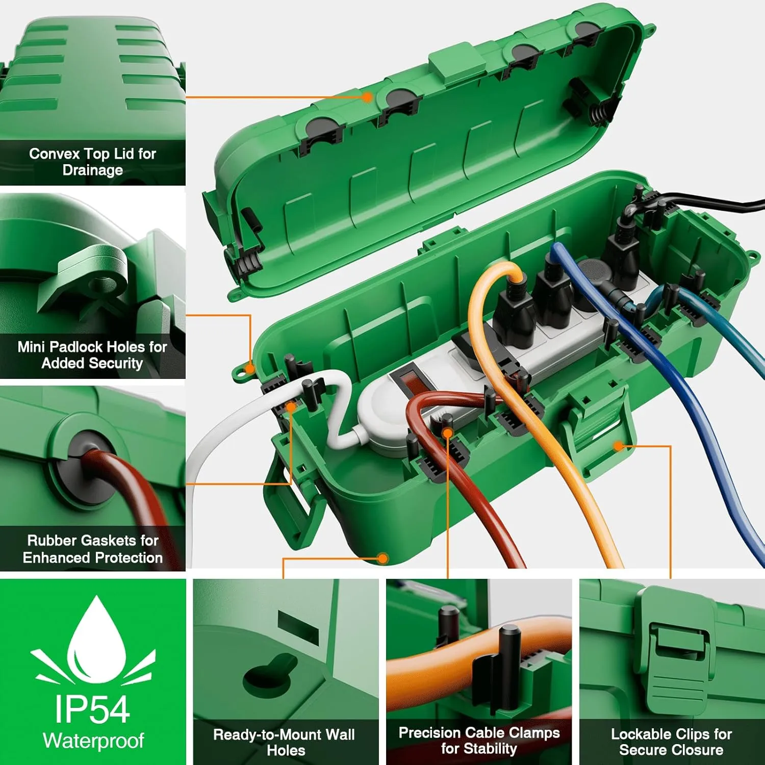 Flemoon Medium Outdoor Electrical Box (11.5x5.2x4 inch), IP54 Waterproof Extension Cord Cover w/6 Cable Entry Ports, Weatherproof Connection Box for Power Strip, Timer, Plug, Holiday Lights, Green