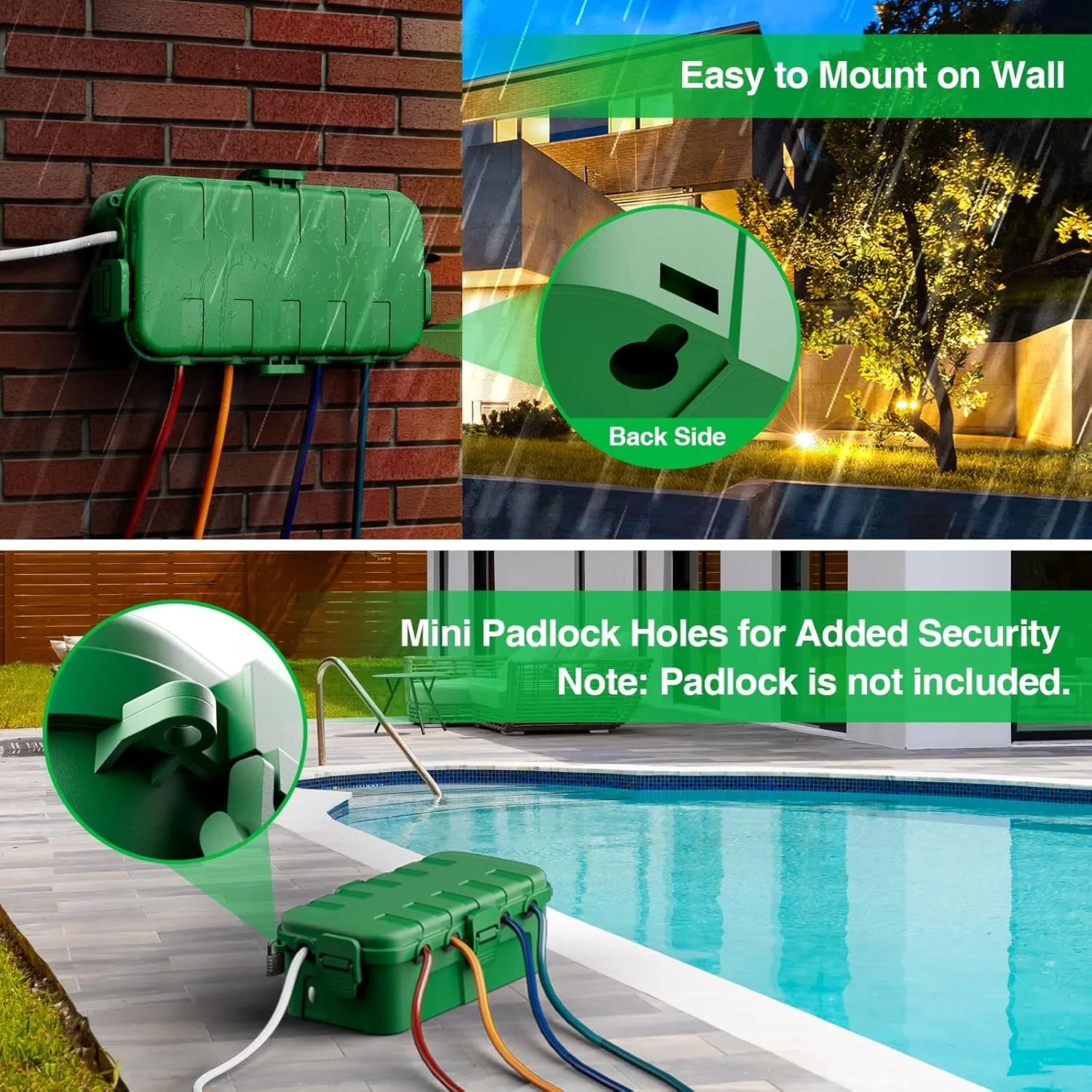 Flemoon Medium Outdoor Electrical Box (11.5x5.2x4 inch), IP54 Waterproof Extension Cord Cover w/6 Cable Entry Ports, Weatherproof Connection Box for Power Strip, Timer, Plug, Holiday Lights, Green