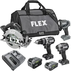 FLEX 24V Brushless Cordless 4-Tool Combo Kit: Hammer Drill, Hex Impact Driver, Circular Saw, Work Light with 3.5Ah, 6.0Ah Stacked Lithium Batteries and 280W Rapid Charger - FXM403-2G