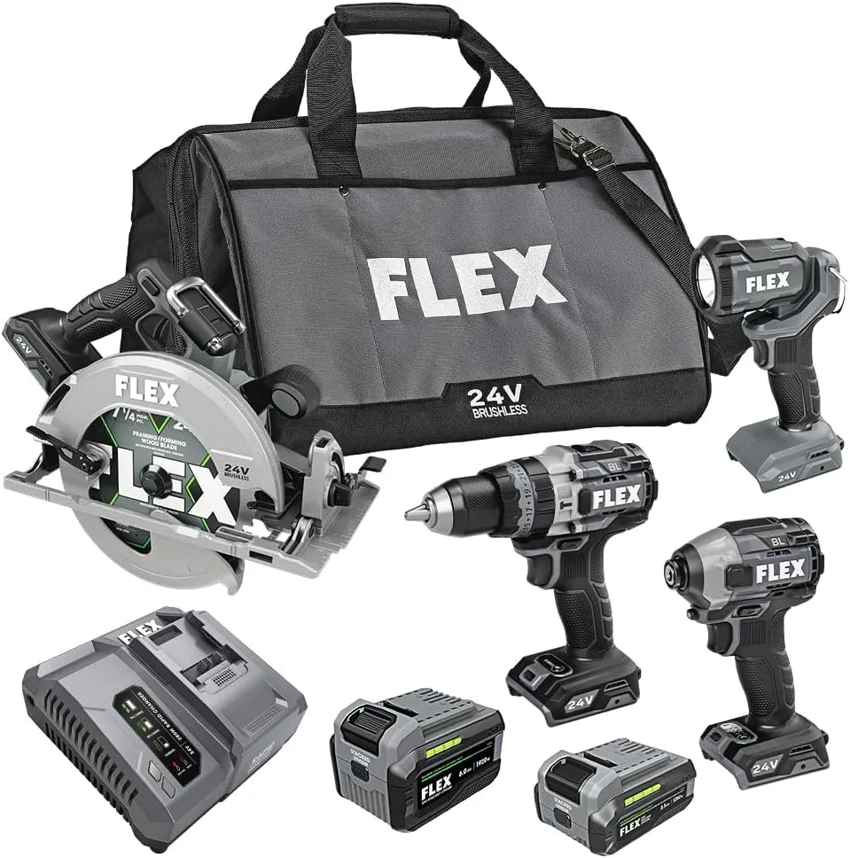 FLEX 24V Brushless Cordless 4-Tool Combo Kit: Hammer Drill, Hex Impact Driver, Circular Saw, Work Light with 3.5Ah, 6.0Ah Stacked Lithium Batteries and 280W Rapid Charger - FXM403-2G