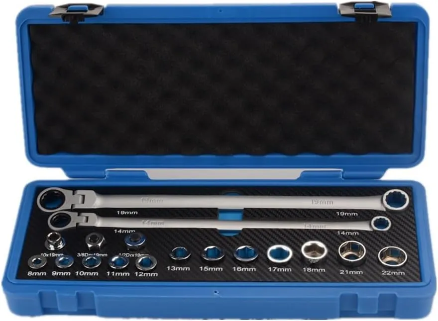 FLZOSPER 17PC Extra Long Flex-Head Ratcheting Wrench Set， 72-Tooth extender tool bar with 12PC 8-22mm replacement heads & 3PCS Socket Drive Adapters，CRV
