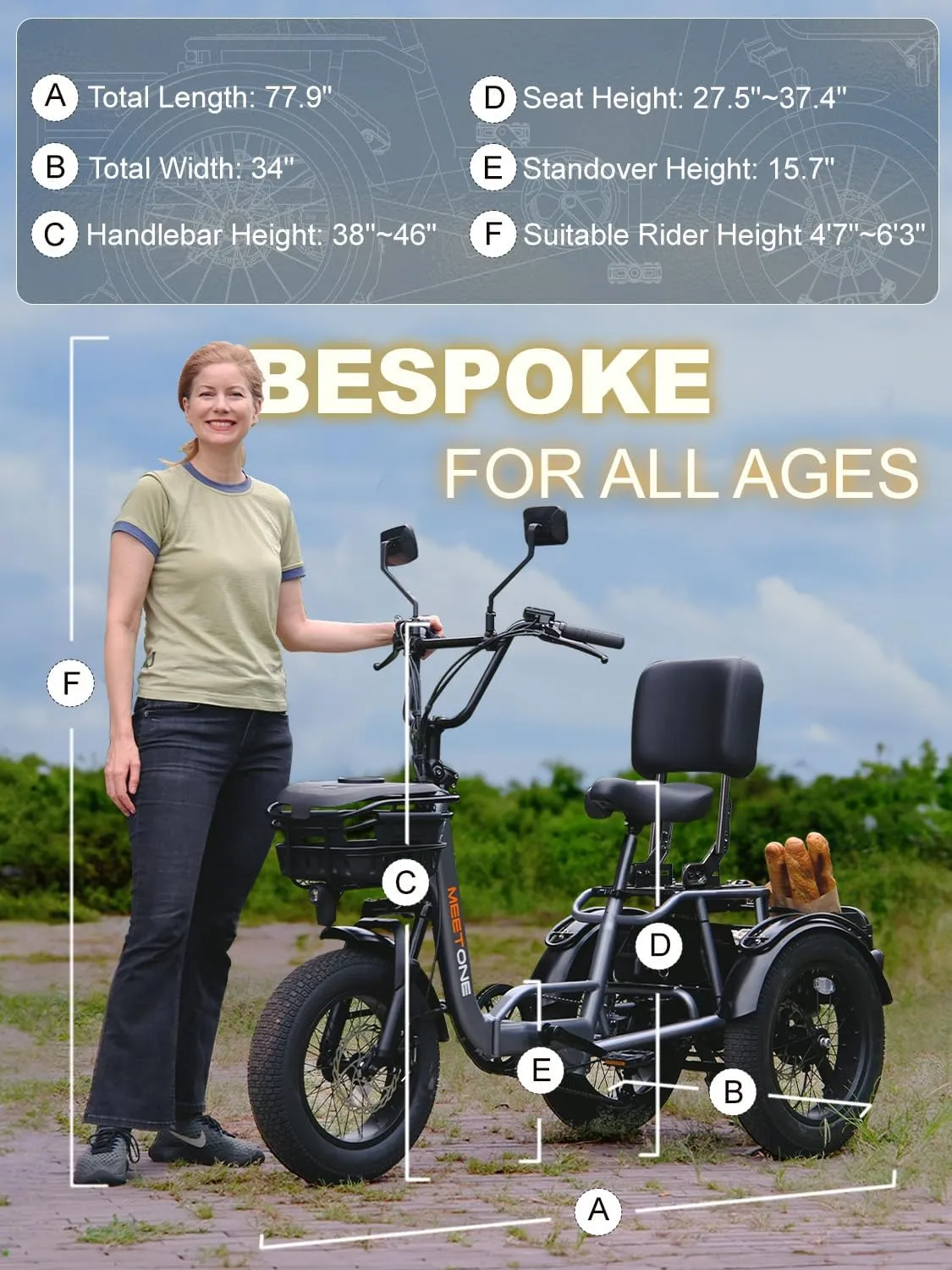 Folding Electric Tricycle for Adults, 1200W Electric Trike, 22MPH 100Miles 3 Wheel Electric Bike, Reverse Gear, Rear Differential, 450lbs Load, F&R Baskets, 4'' Wide Fat Tire, UL Certified