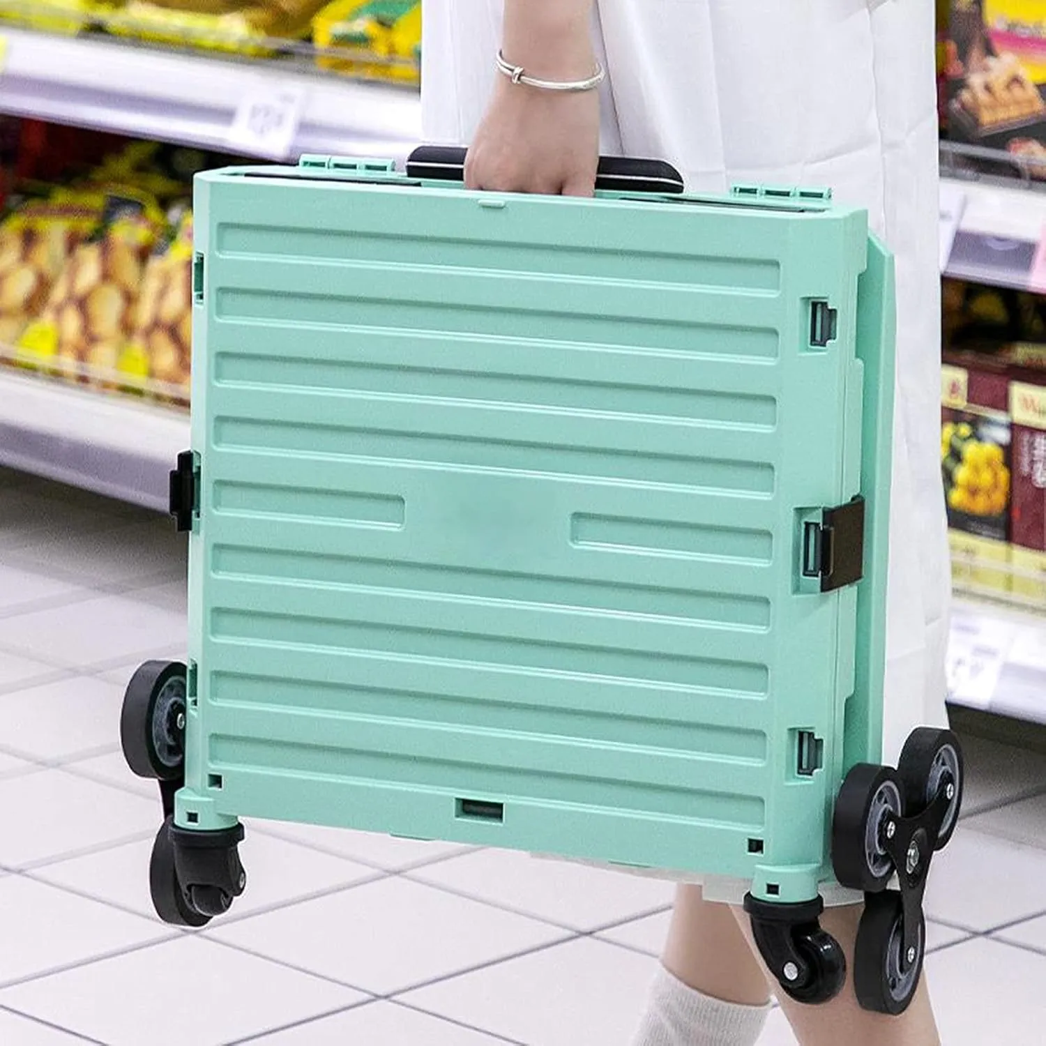 Folding Supermarket Shopping Trolley, Grocery Shopping Cart, with 4 Universal Wheels, Wear-Resistant-Noiseless-360°Rotatey, for Women or Men Travel Home Kitchen