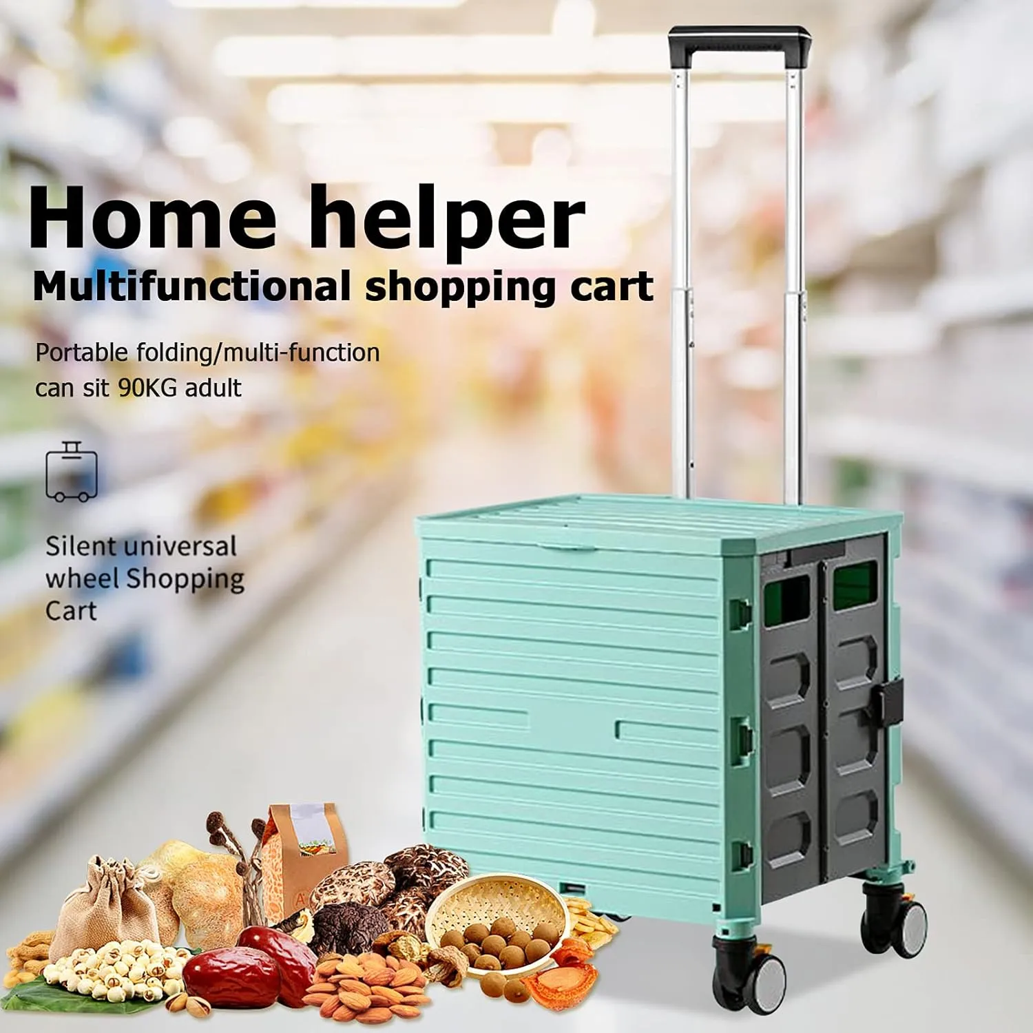 Folding Supermarket Shopping Trolley, Grocery Shopping Cart, with 4 Universal Wheels, Wear-Resistant-Noiseless-360°Rotatey, for Women or Men Travel Home Kitchen