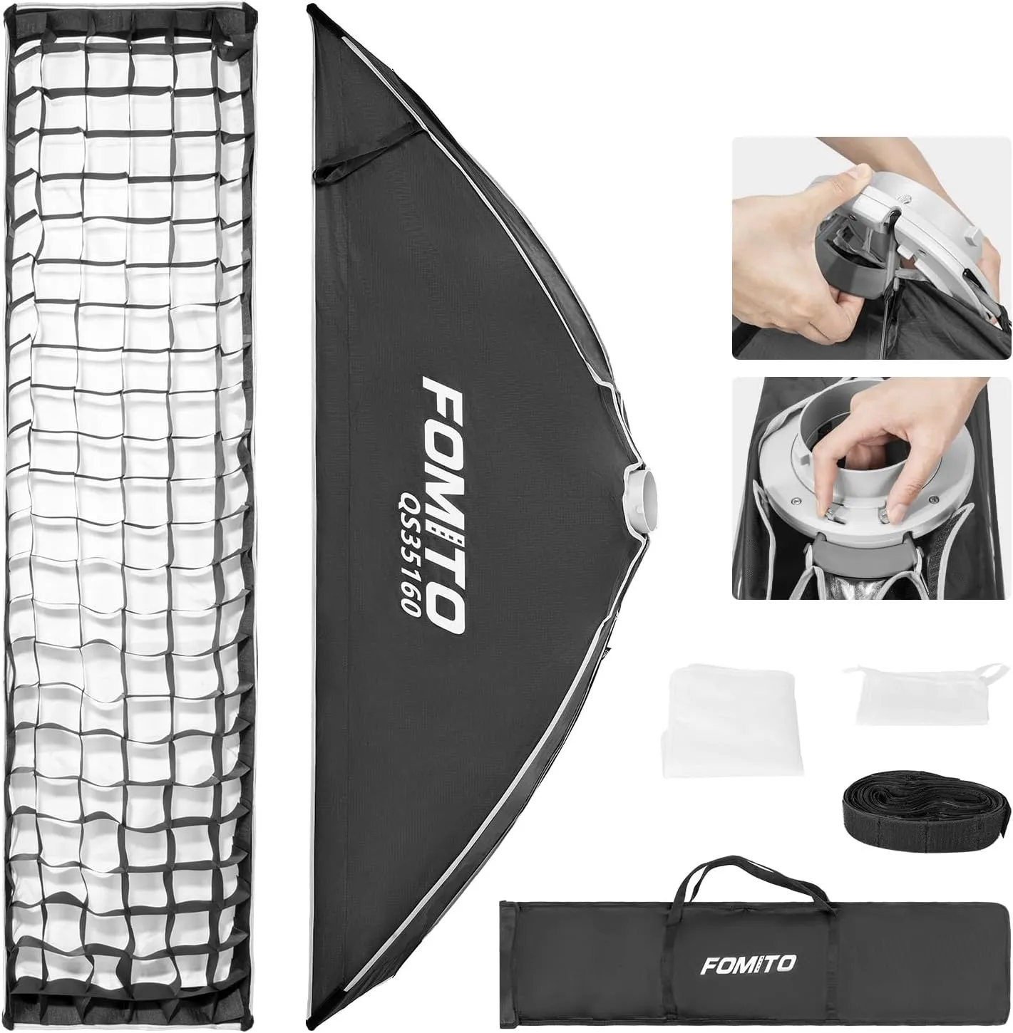FOMITO 14" x 63" Quick Release Strip Softbox 35x160cm Rectangular Bowens Mount Light Box with Beam Grid for Aputure Godox SmallRing Neewer YongNuo LED Monolight Studio Strobe Lighting