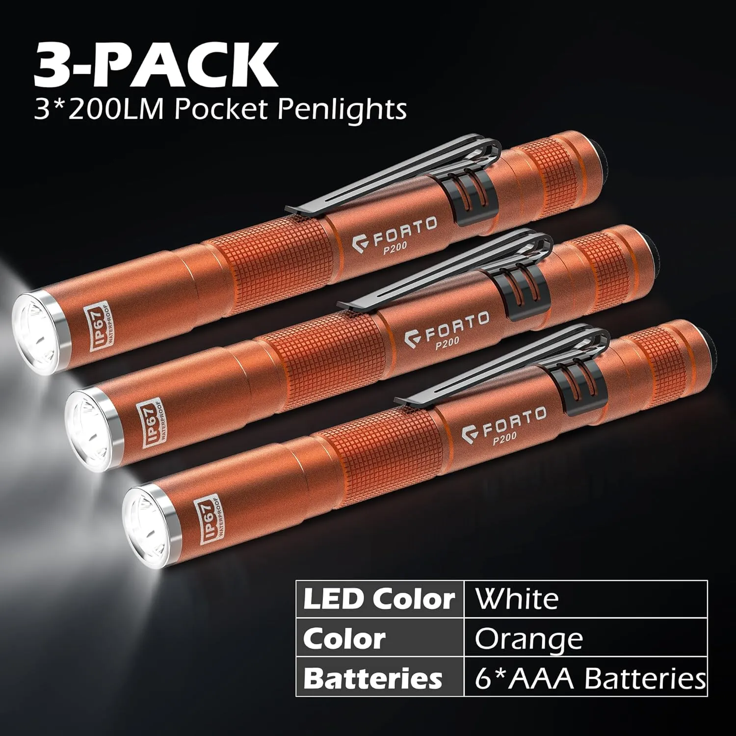 FORTO 3 Pack Pen Light 200 Lumen Pocket Flashlight, IP67 Waterproof and 2 Modes, with AAA Batteries Handheld Flash Lights for Inspection, Emergency(Orange)