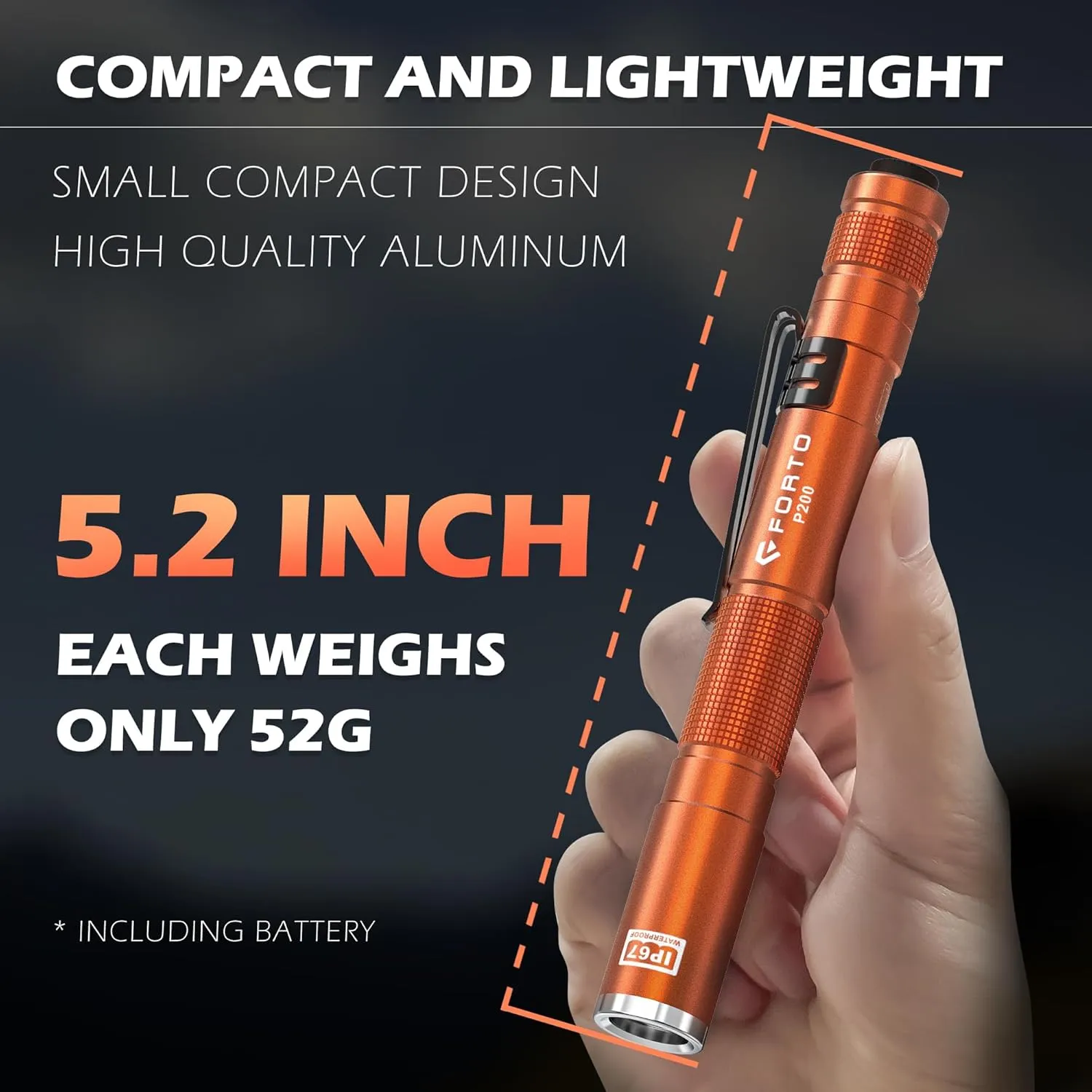 FORTO 3 Pack Pen Light 200 Lumen Pocket Flashlight, IP67 Waterproof and 2 Modes, with AAA Batteries Handheld Flash Lights for Inspection, Emergency(Orange)