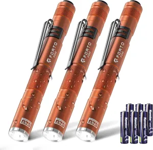 FORTO 3 Pack Pen Light 200 Lumen Pocket Flashlight, IP67 Waterproof and 2 Modes, with AAA Batteries Handheld Flash Lights for Inspection, Emergency(Orange)