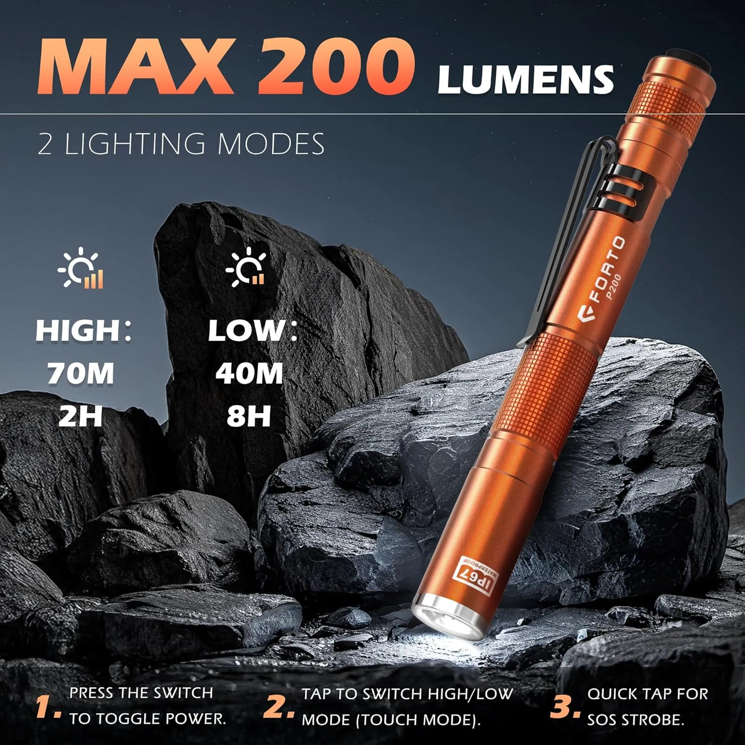 FORTO 3 Pack Pen Light 200 Lumen Pocket Flashlight, IP67 Waterproof and 2 Modes, with AAA Batteries Handheld Flash Lights for Inspection, Emergency(Orange)