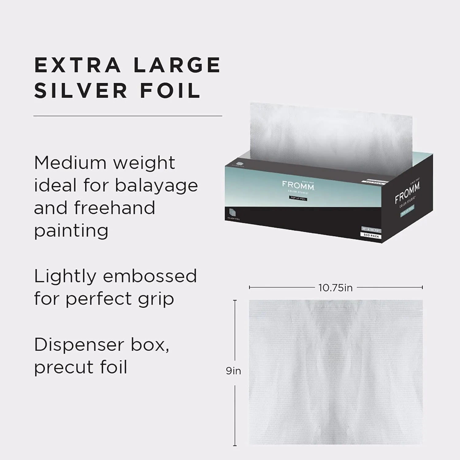 Fromm Color Studio Medium Weight Pop Up Hair Foil in Silver, 9" x 10.75" Embossed Aluminum Foil Sheets, Hair Foils For Highlighting and Coloring - 500 Foil Sheets (Pack of 2)