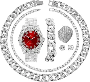 Fully Iced Mens Big Rocks Bezel Color Dial with Roman Numerals, Cuban Chain Bracelet, Cuban Necklace, Tennis Chain & Ring - ST10327CRNT