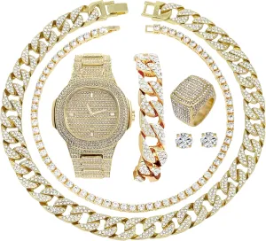 Fully Iced Mens Big Rocks Bezel Color Dial with Roman Numerals, Cuban Chain Bracelet, Cuban Necklace, Tennis Chain & Ring - ST10327CRNT