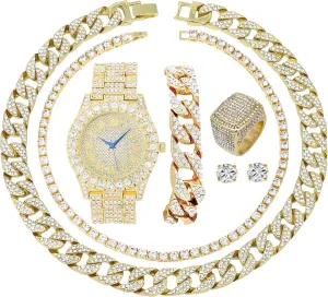 Fully Iced Mens Big Rocks Bezel Color Dial with Roman Numerals, Cuban Chain Bracelet, Cuban Necklace, Tennis Chain & Ring - ST10327CRNT