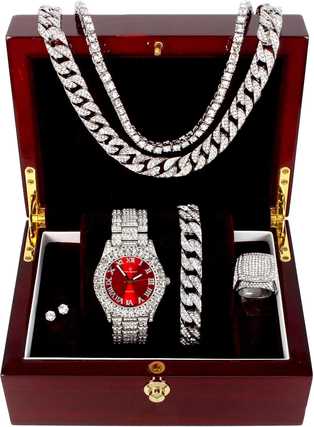 Fully Iced Mens Big Rocks Bezel Color Dial with Roman Numerals, Cuban Chain Bracelet, Cuban Necklace, Tennis Chain & Ring - ST10327CRNT