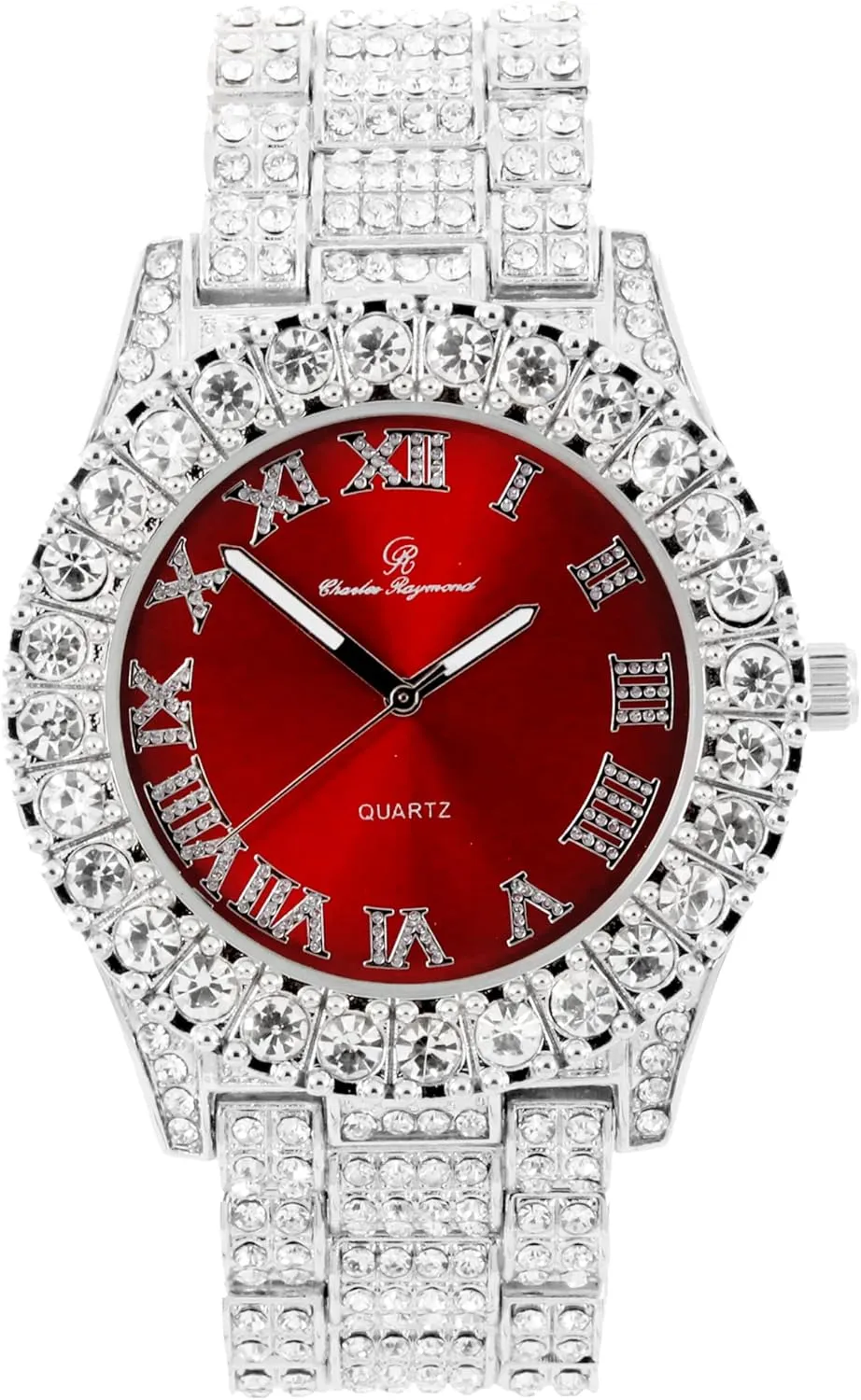 Fully Iced Mens Big Rocks Bezel Color Dial with Roman Numerals, Cuban Chain Bracelet, Cuban Necklace, Tennis Chain & Ring - ST10327CRNT