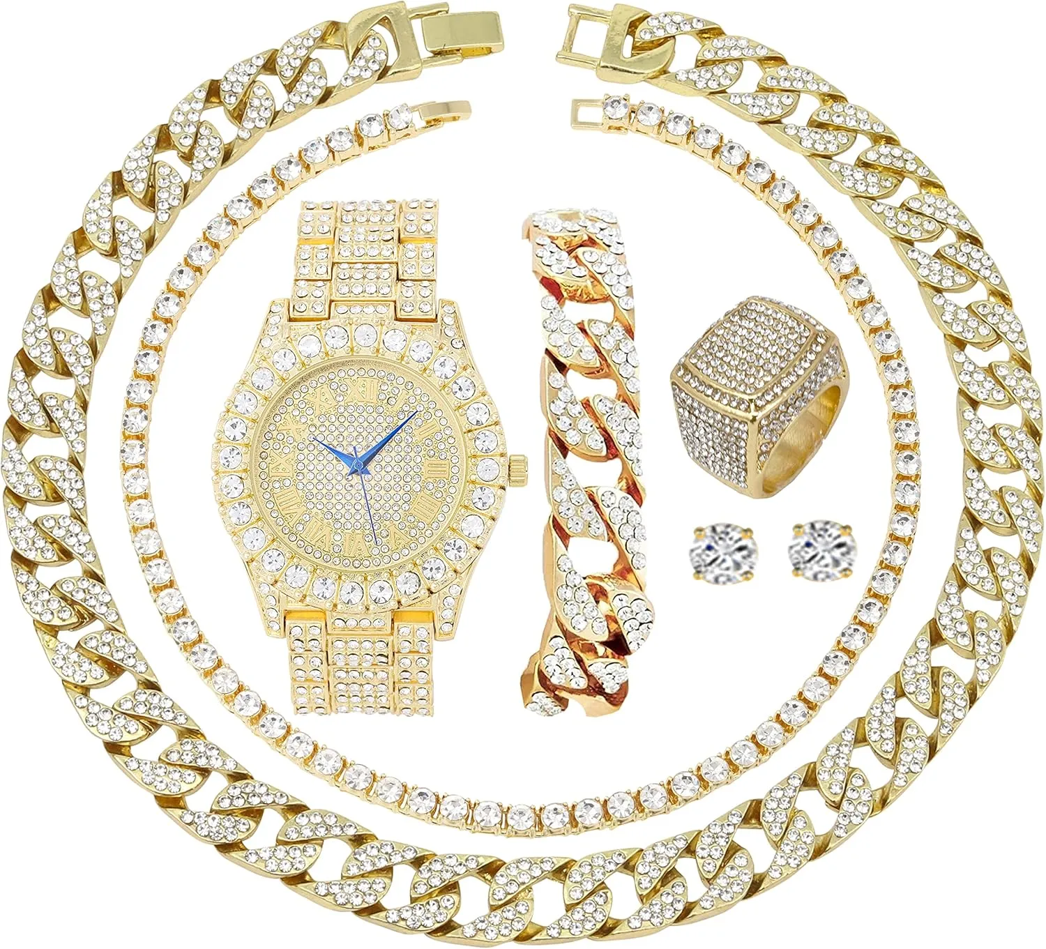 Fully Iced Mens Big Rocks Bezel Color Dial with Roman Numerals, Cuban Chain Bracelet, Cuban Necklace, Tennis Chain & Ring - ST10327CRNT