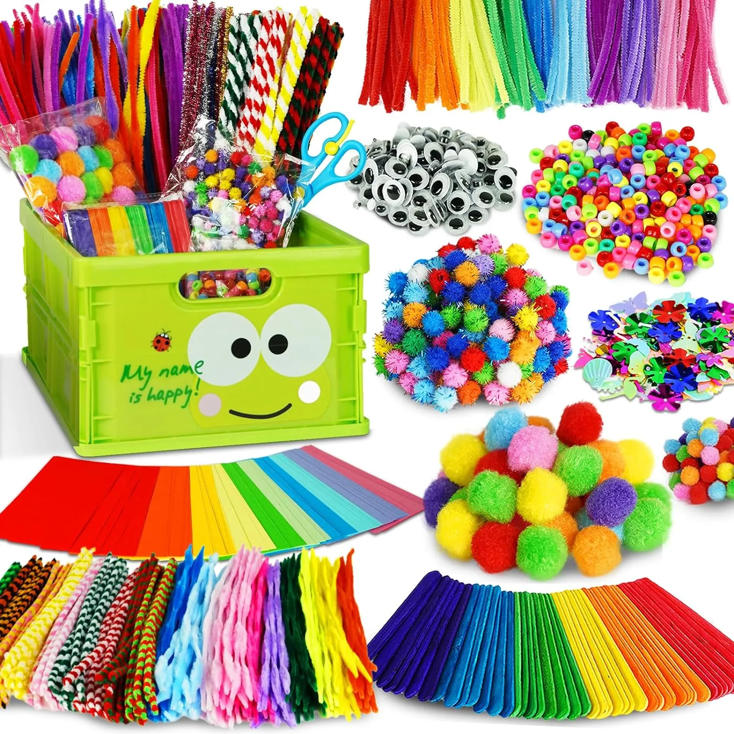 FUNZBO Arts and Crafts Supplies for Kids - Craft Kits with Pipe Cleaners, Popsicle Stickers, Construction Paper, Pom Poms & Googly Eyes, Birthday Gifts for Girls & Boys Age 4 