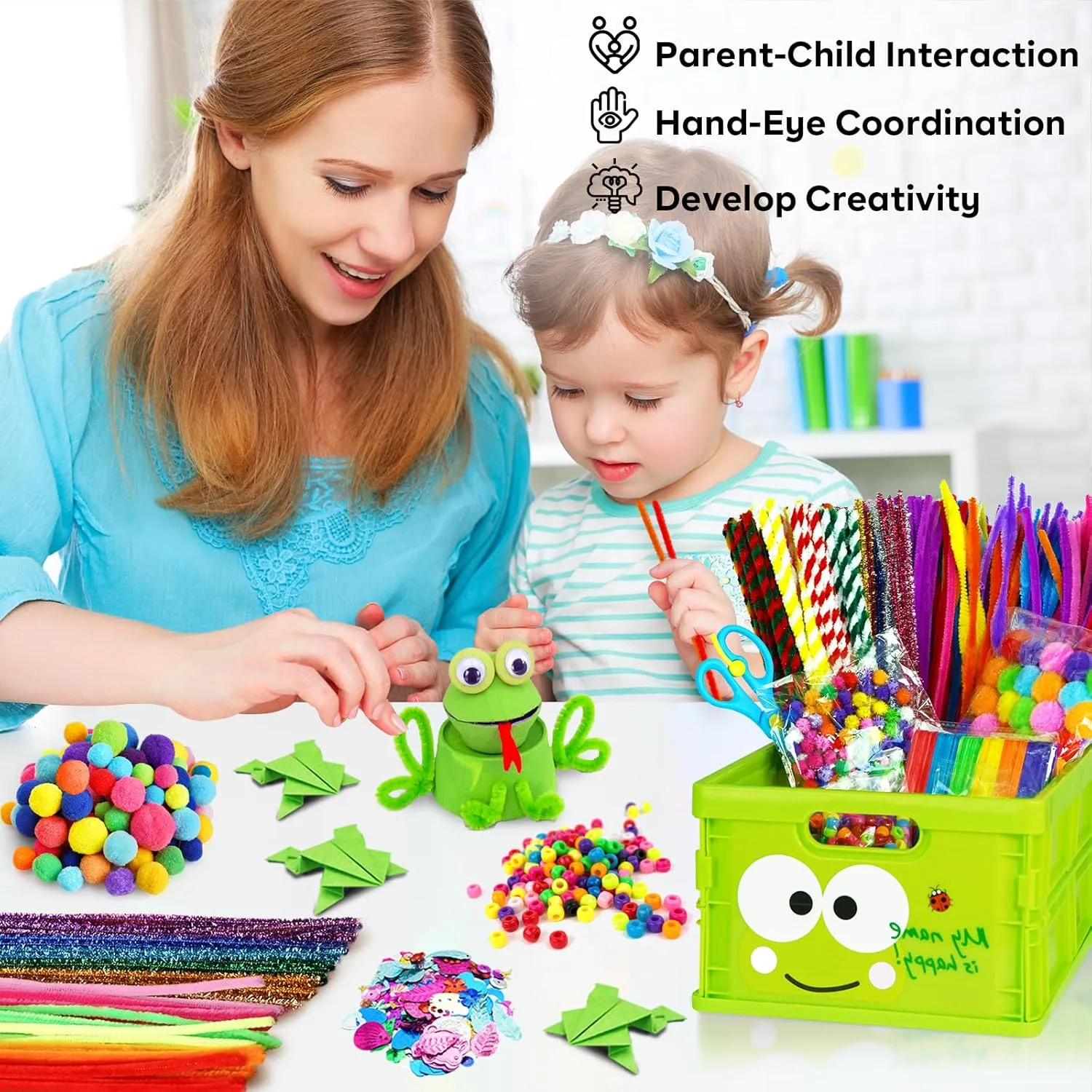 FUNZBO Arts and Crafts Supplies for Kids - Craft Kits with Pipe Cleaners, Popsicle Stickers, Construction Paper, Pom Poms & Googly Eyes, Birthday Gifts for Girls & Boys Age 4 