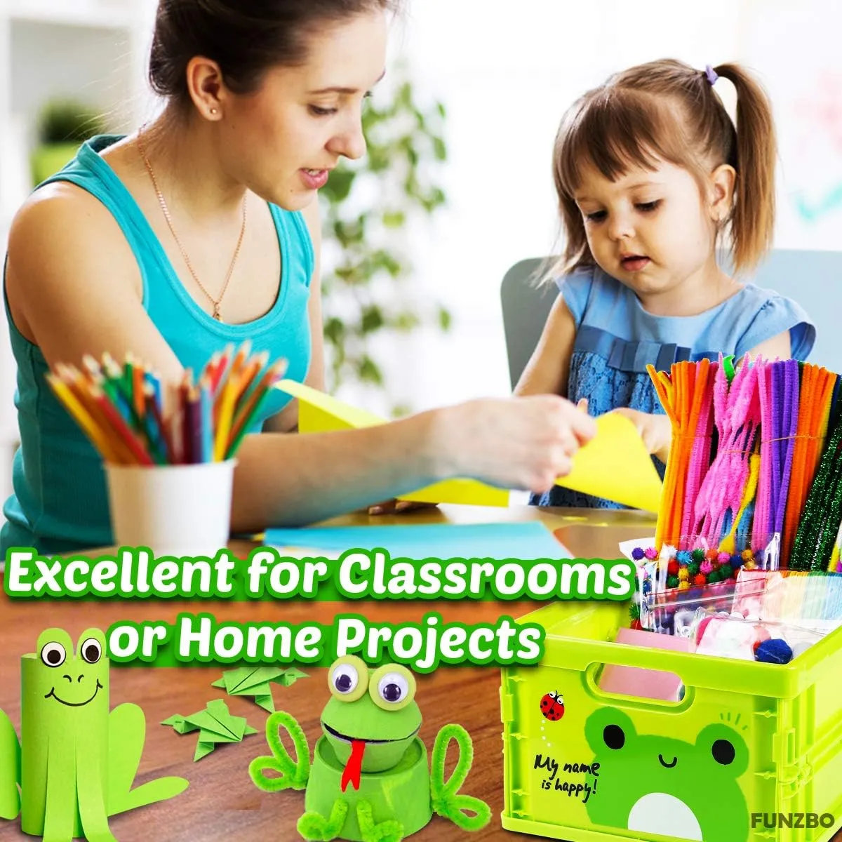 FUNZBO Arts and Crafts Supplies for Kids - Craft Kits with Pipe Cleaners, Popsicle Stickers, Construction Paper, Pom Poms & Googly Eyes, Birthday Gifts for Girls & Boys Age 4 