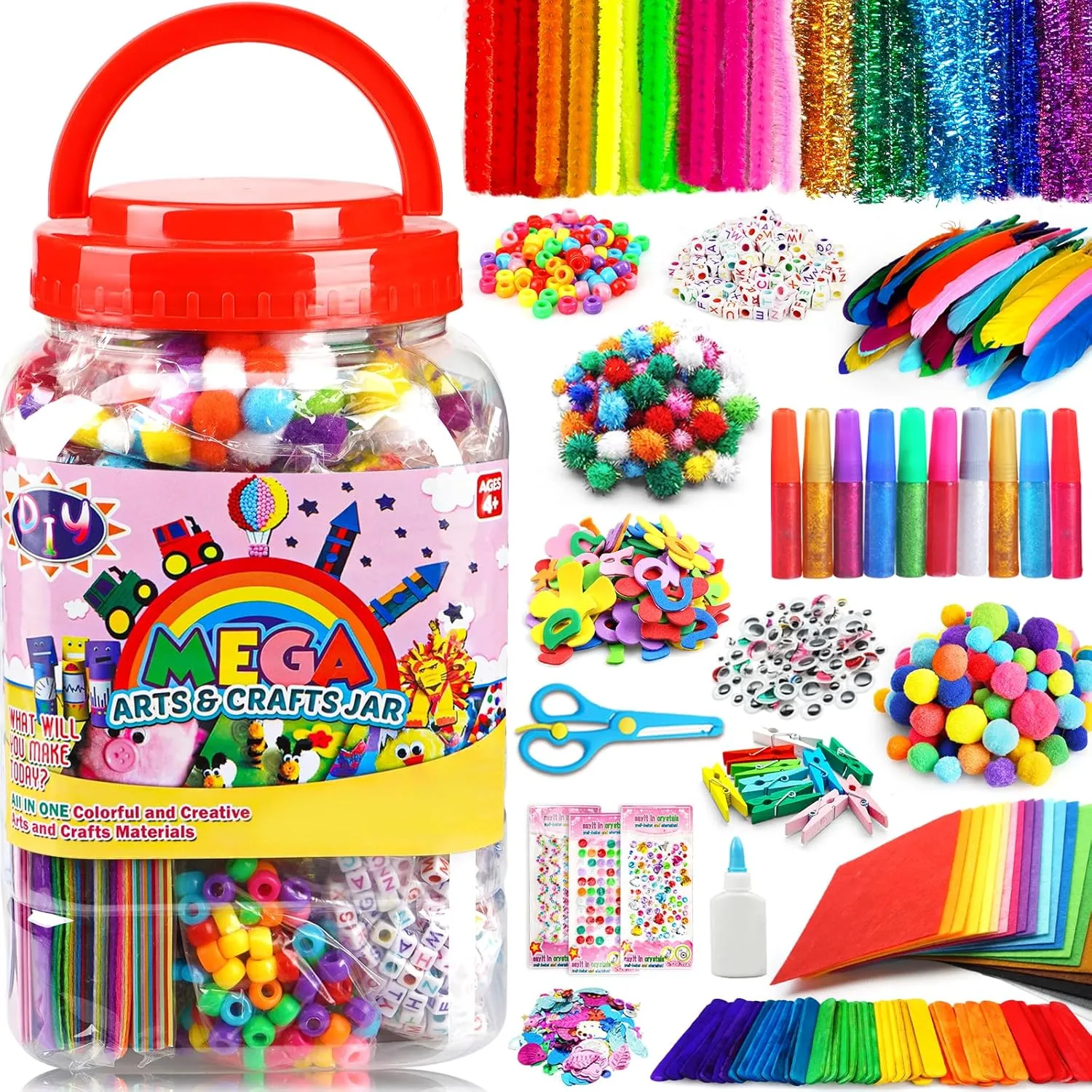 FUNZBO Arts and Crafts Supplies for Kids -Kids Craft Kit with Pipe Cleaners, Popsicle Sticks, Pompoms & Stickers, All in One Homeschool Supplies, Toys Crafts for Girls Boys Age 4 