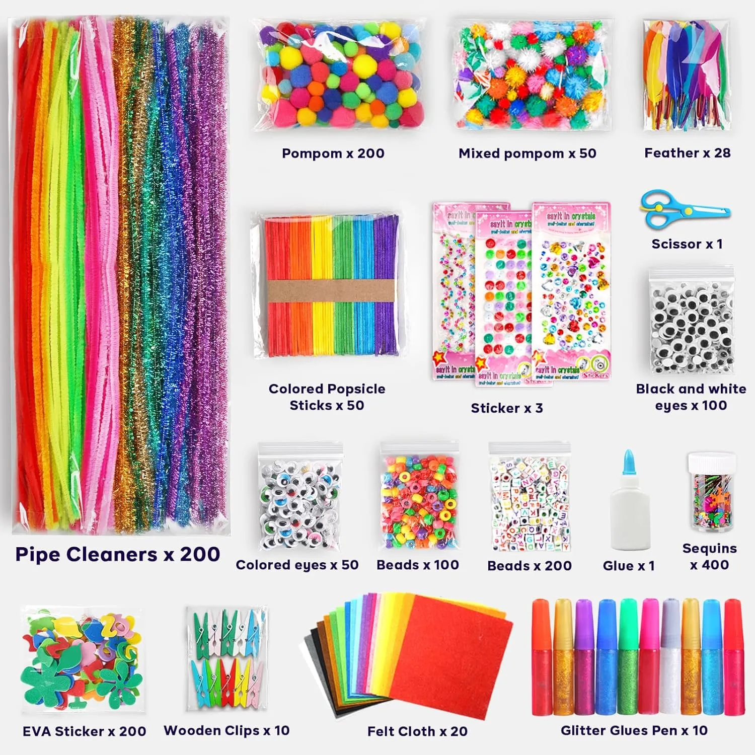 FUNZBO Arts and Crafts Supplies for Kids -Kids Craft Kit with Pipe Cleaners, Popsicle Sticks, Pompoms & Stickers, All in One Homeschool Supplies, Toys Crafts for Girls Boys Age 4 