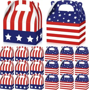 Fuutreo 50 Pcs Patriotic Treat Boxes with Handle American Flag USA Goodie Boxes Independence Day 4th of July Candy Boxes for Veterans Day Memorial Day Party
