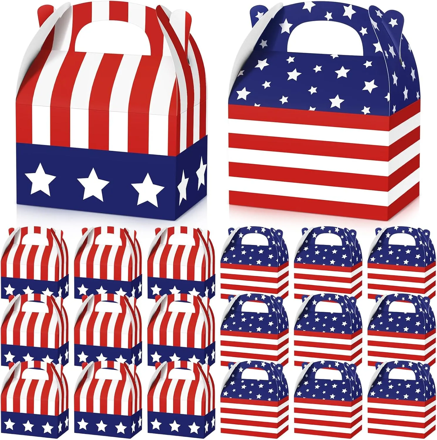 Fuutreo 50 Pcs Patriotic Treat Boxes with Handle American Flag USA Goodie Boxes Independence Day 4th of July Candy Boxes for Veterans Day Memorial Day Party