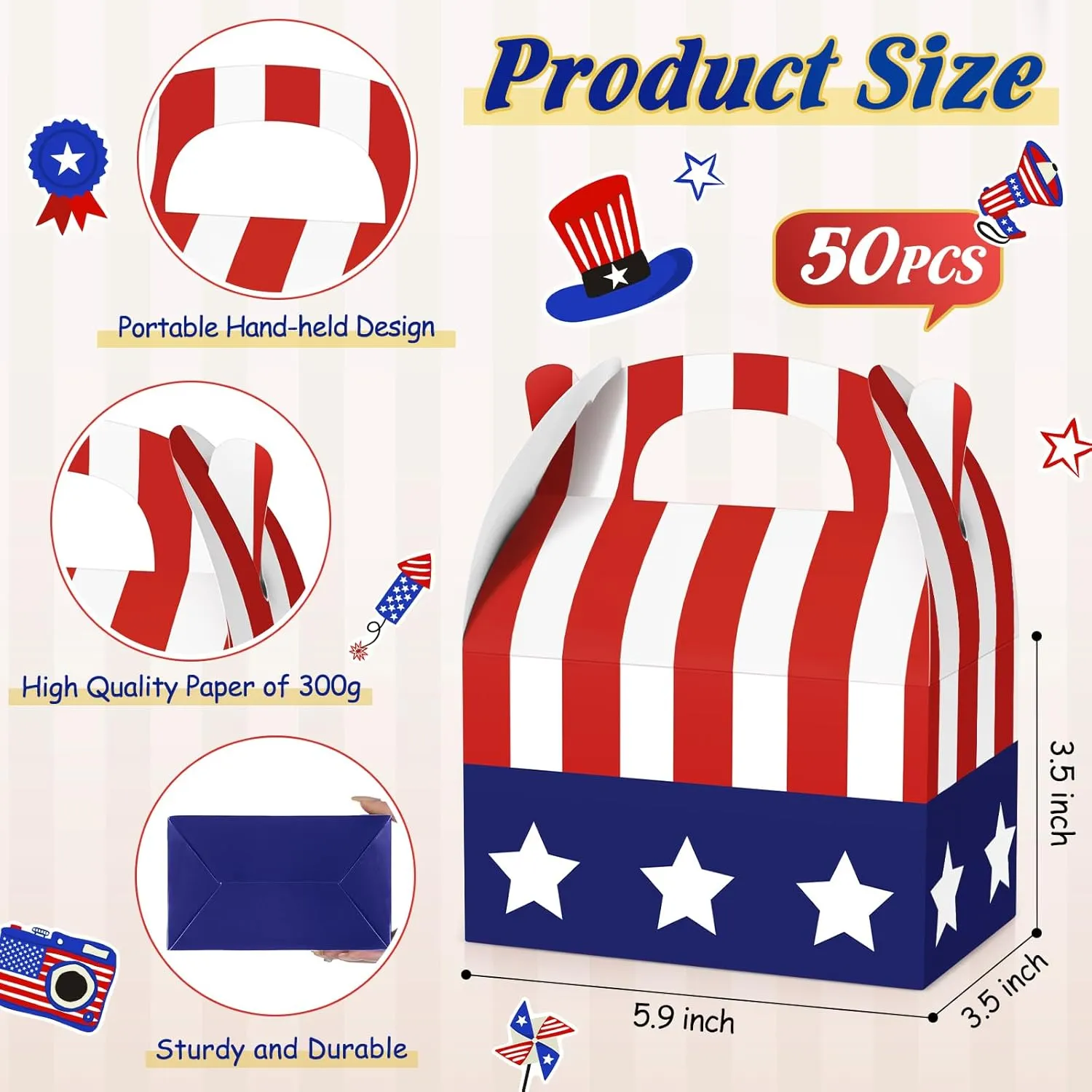 Fuutreo 50 Pcs Patriotic Treat Boxes with Handle American Flag USA Goodie Boxes Independence Day 4th of July Candy Boxes for Veterans Day Memorial Day Party