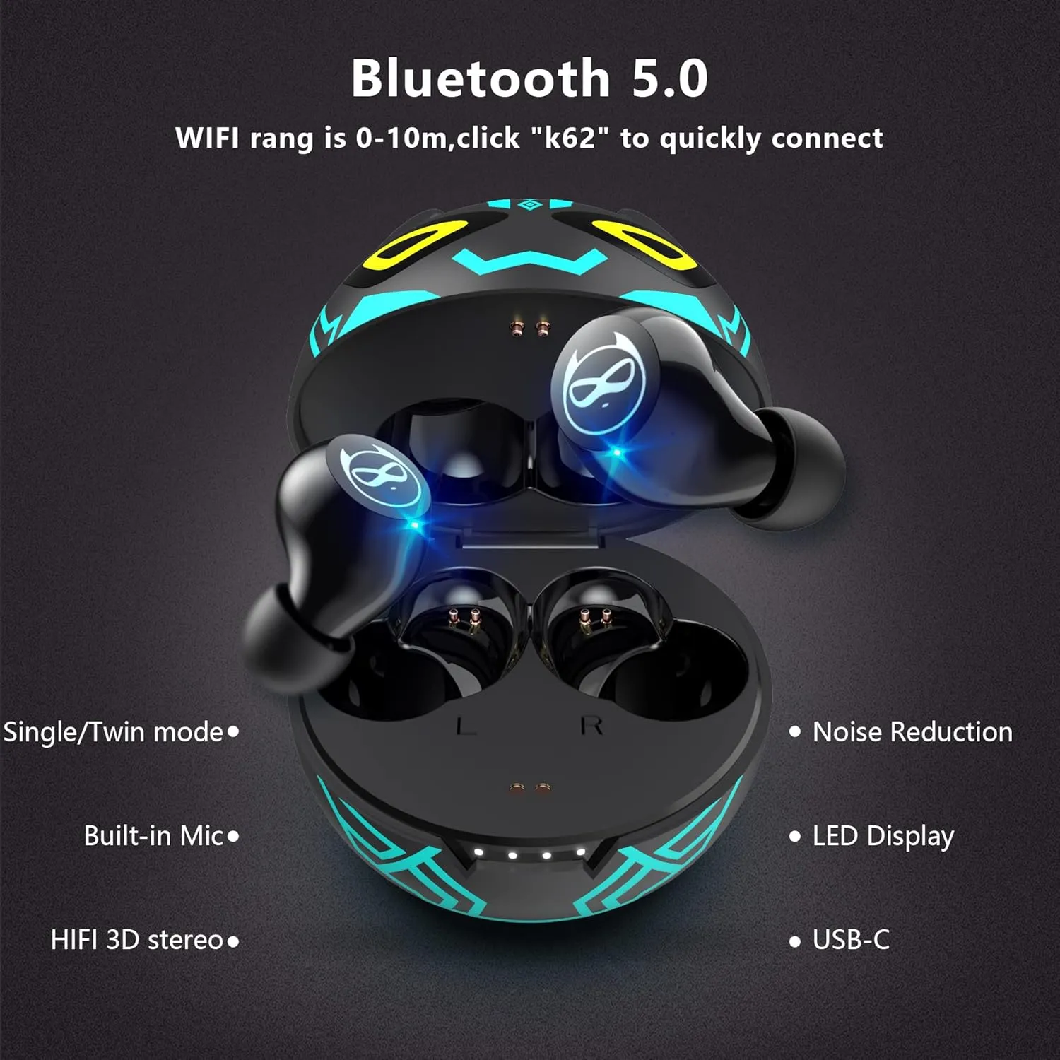 Gaming Earbuds Kids Bluetooth Earbuds 5.3 in-Ear Headphones with Mic 36H Playtime IPX6 Waterproof Touch Control HiFi Stereo LED Display Kids Wireless Earbuds