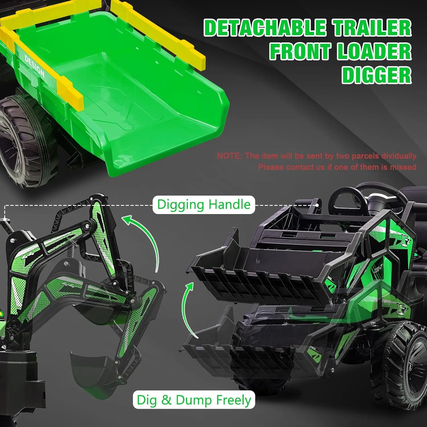 Garvee Ride on Car - 3 in 1 Ride on Tractor with Shovel Bucket Digger Trailer - Remote Control Excavator with EVA Tires LED Light Music USB - 24v Ride on Toys for Big Kids - Green
