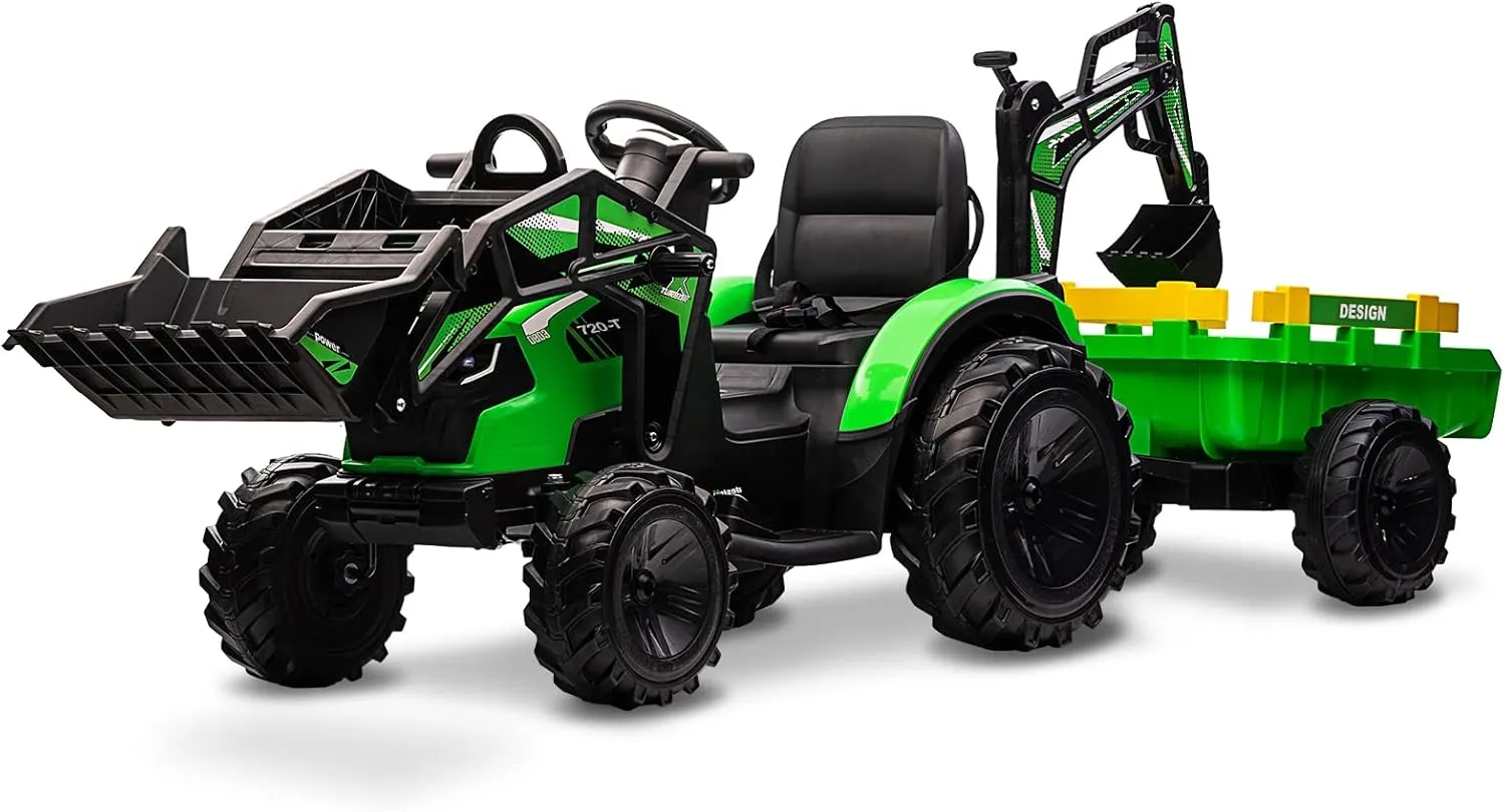Garvee Ride on Car - 3 in 1 Ride on Tractor with Shovel Bucket Digger Trailer - Remote Control Excavator with EVA Tires LED Light Music USB - 24v Ride on Toys for Big Kids - Green
