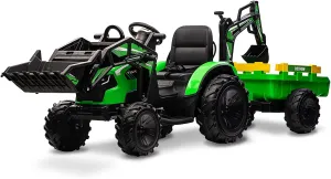 Garvee Ride on Car - 3 in 1 Ride on Tractor with Shovel Bucket Digger Trailer - Remote Control Excavator with EVA Tires LED Light Music USB - 24v Ride on Toys for Big Kids - Green