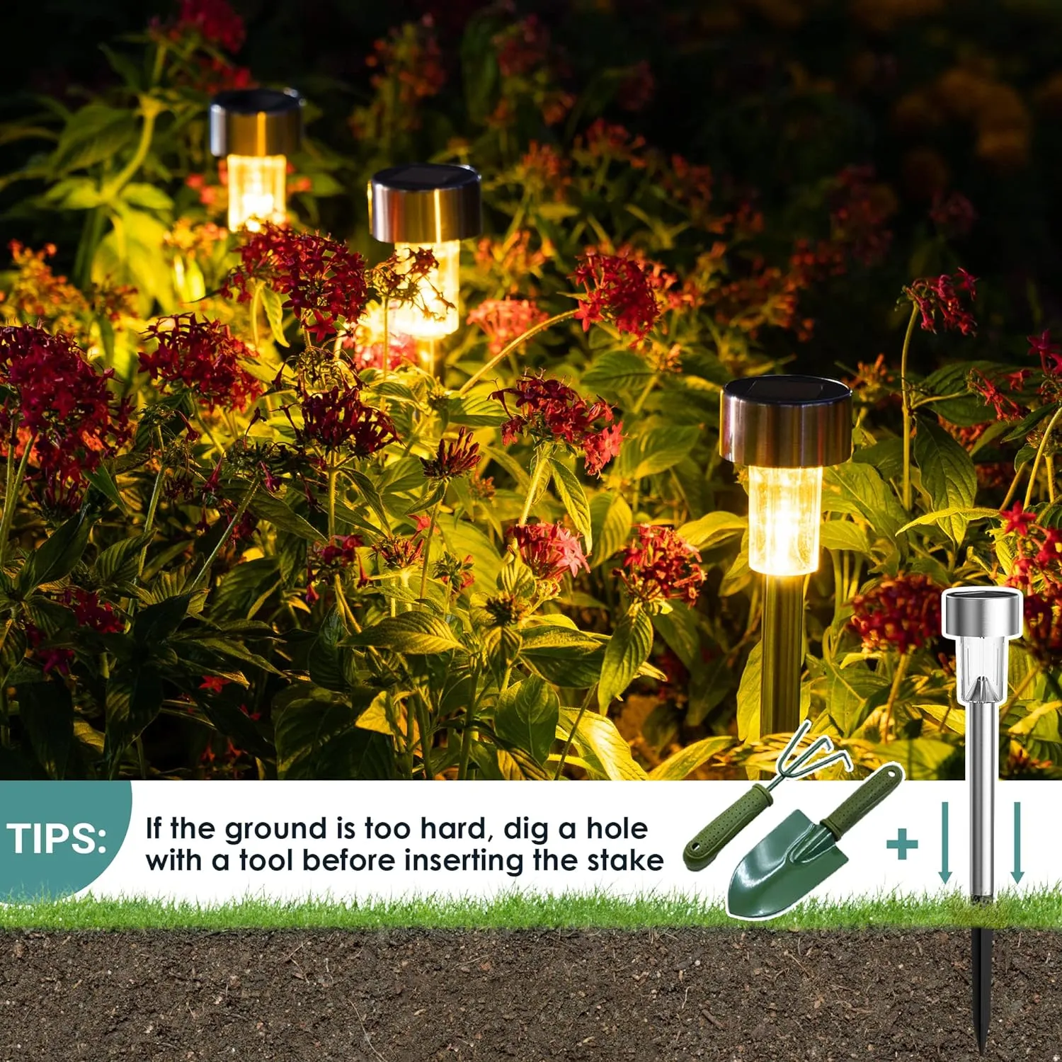 GIGALUMI 16 Pack Solar Path Lights Outdoor,Solar Lights Outdoor Waterproof,Stainless Steel LED Landscape Lighting,Solar Garden Lights for Driveway,Pathway,Patio,Yard