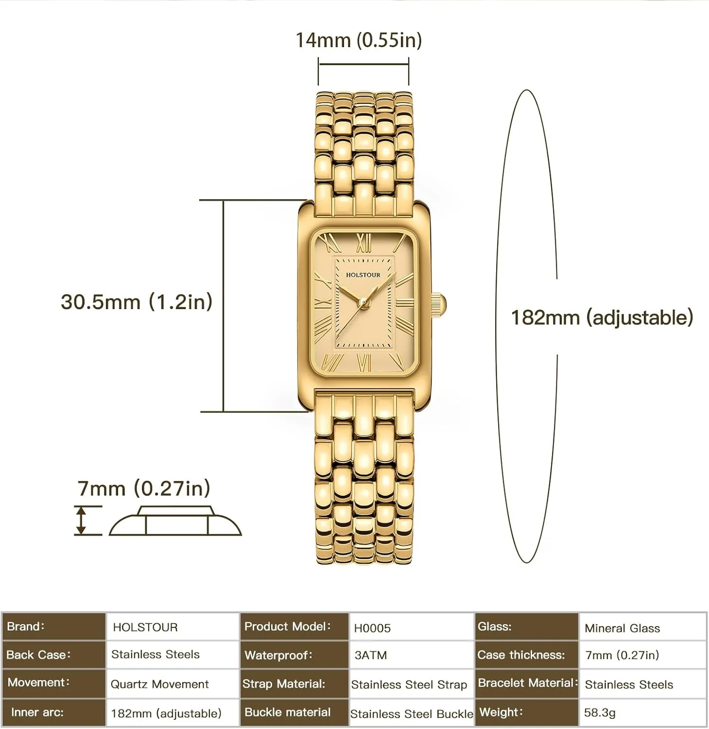 Gold Watches for Women Vintage Bracelet Roman Dial Rectangular Case Gold Watch Waterproof with Tools