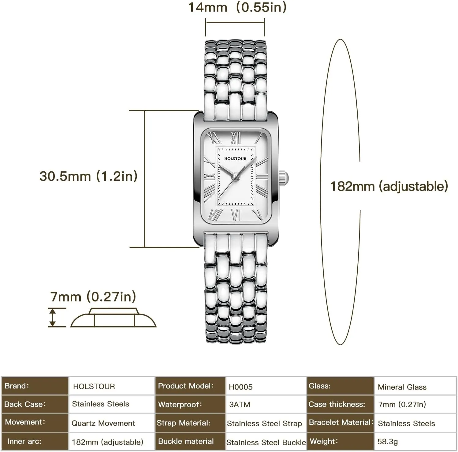Gold Watches for Women Vintage Bracelet Roman Dial Rectangular Case Gold Watch Waterproof with Tools