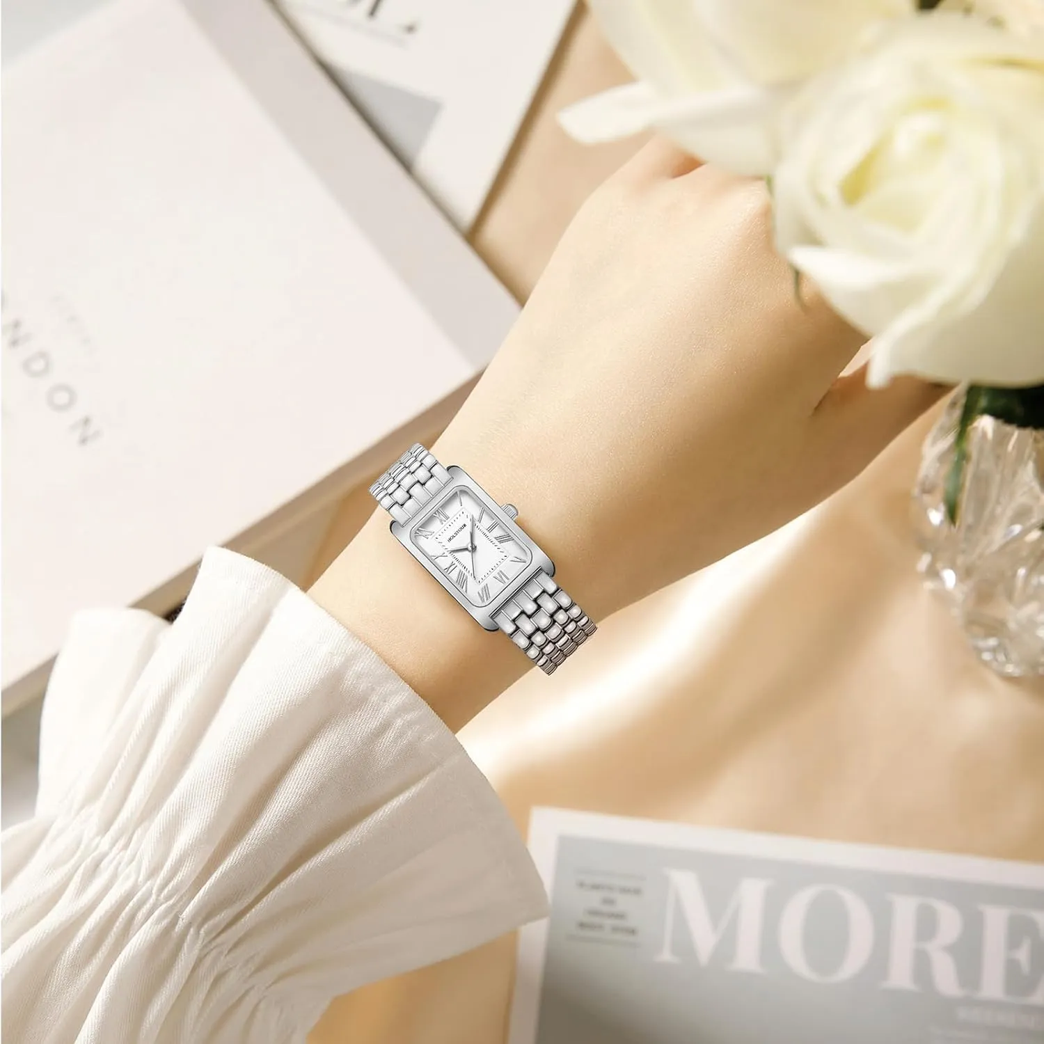 Gold Watches for Women Vintage Bracelet Roman Dial Rectangular Case Gold Watch Waterproof with Tools