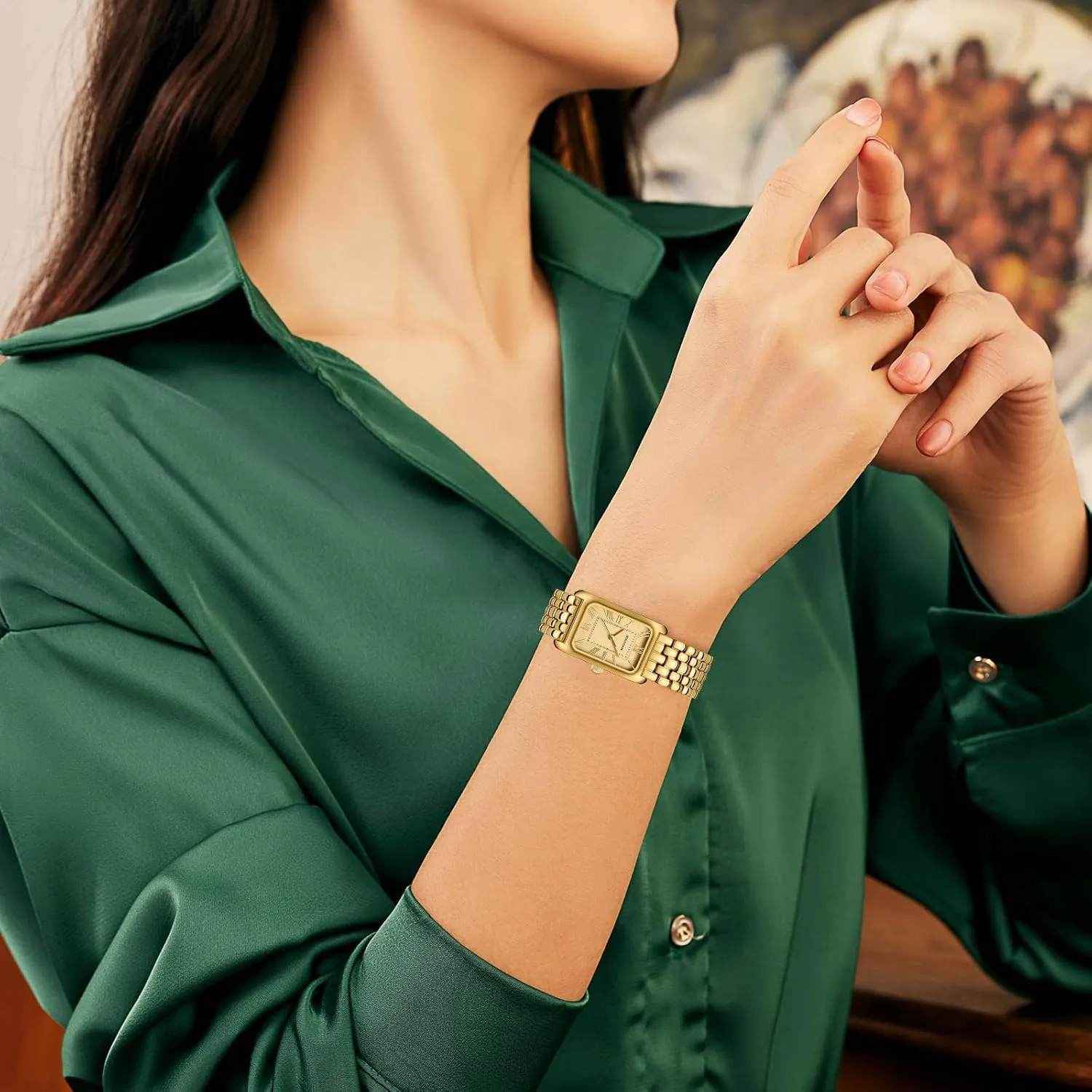 Gold Watches for Women Vintage Bracelet Roman Dial Rectangular Case Gold Watch Waterproof with Tools