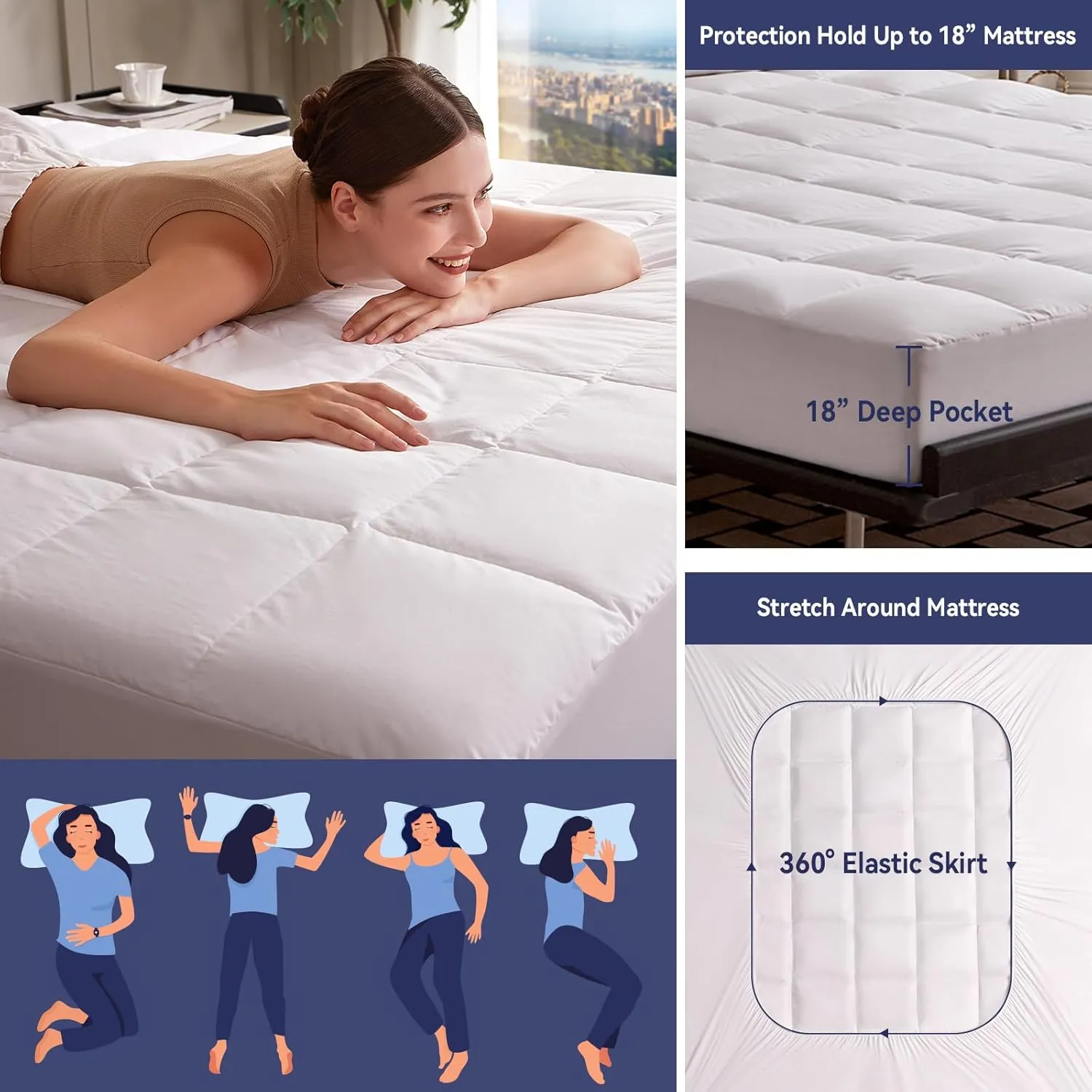 Goose Feathers Down Mattress Pad, Quilted Queen Size Mattress Protector Waterproof, Breathable Mattress Cover, 18” Deep Pocket, Machine Washable(White,60"x80")
